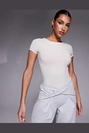ASOS Premium - Vormgevende body met ronde hals en korte mouwen in stone
