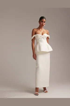 ASOS Midaxi-trouwjurk met rimpeleffect, blote schouders en structuur in ivoorwit