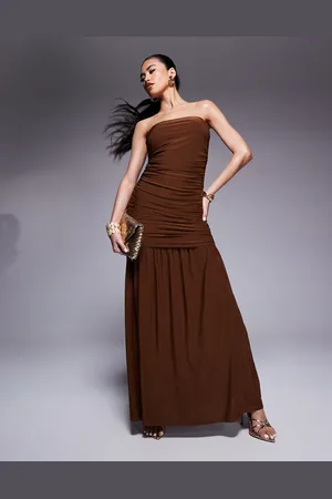 ASOS Maxi bandeau-jurk met rimpeleffect en verlaagde taille in donkerbruin