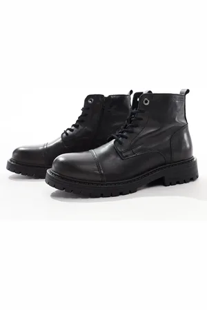 JACK & JONES Leren veterlaarzen met dikke zool in