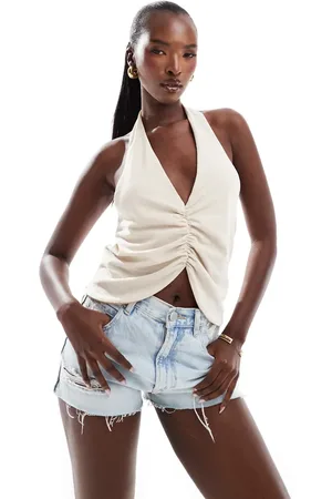 ASOS Top met gerimpelde voorkant en halternek in stone