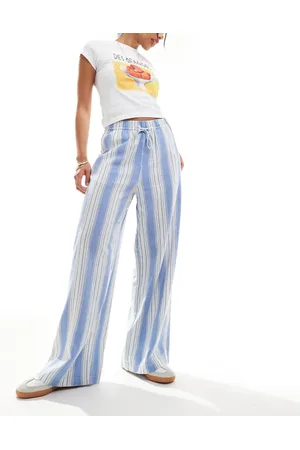 ONLY Gestreepte broek met linnenlook en wijde pijpen in blauw en