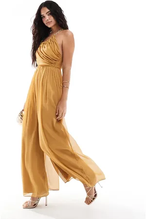 ASOS Jumpsuit met blote schouder, uitsnijdingen en ketting in kastanje