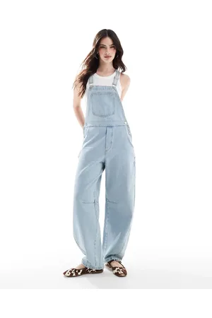 ASOS Tuinbroek met wijde ronde pijpen en distressed detail in lichte wassing