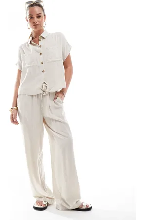 Pieces® Broek van linnenmix met wijde pijpen in crème, deel van co-ord set
