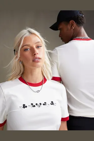 ASOS Uniseks muscle fit T-shirt met gekleurde randjes en Disney Mickey Mouse-gezichtenprints in gebroken wit