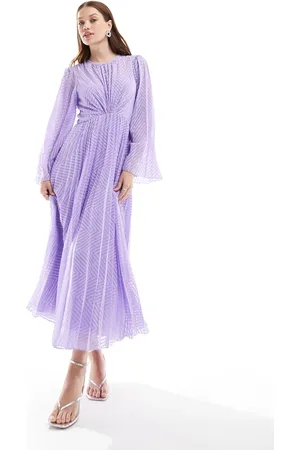 ASOS Midi-jurk van geplooid chiffon met chevronmotief, gestrikte achterkant en uitlopende mouwen in lila