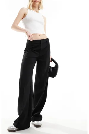 Pull&Bear Elegante broek met wijde pijpen, krijtstreep en contrasterende rand in zwart