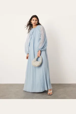 ASOS Maxi jurk van chiffon met volumineuze mouwen in poederblauw