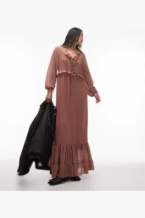 Topshop Maxi jurk met lange mouwen en plat gestikt detail in specerij