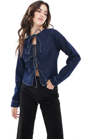 ASOS Denim top met lange mouwen en gestrikte voorkant in indigo