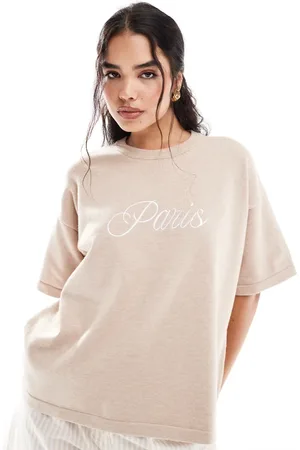 4th & Reckless Gebreid T-shirt met Paris-logo in camel