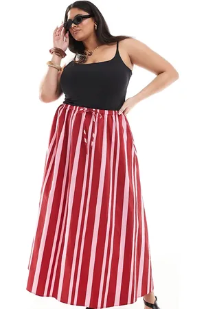 ASOS ASOS DESIGN Curve - Gestreepte midaxirok met A-lijn en trekkoord bij de taille in roze