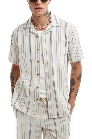 Only & Sons Geweven gestreept overhemd met reverskraag in beige en , deel van co-ord set