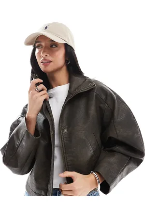ASOS ASOS DESIGN Petite - Bomberjack met opstaande boord en leerlook met textuur in