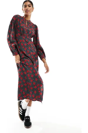 New Look Midi jurk met keyhole-opening en lange mouwen in rozenprint
