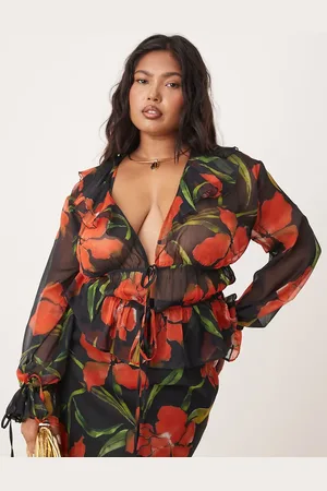 ASOS Curve - Top van chiffon met lange mouwen, ruches, strik en bloemenprint, deel van co-ord set