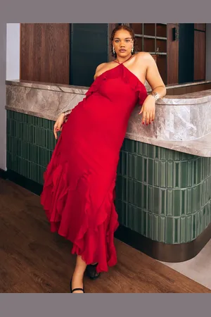 ASOS Maxi-jurk van schuin gesneden stof met ruches langs de halter en zoom in