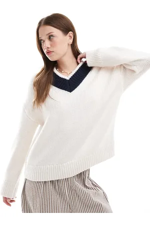 Abercrombie & Fitch Contrasterende grof gebreide trui met V-hals in crème