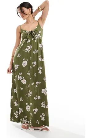 JDY Maxi-jurk met gestrikte voorkant in kaki bloemenprint