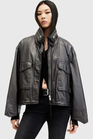 AllSaints Clay - Ruimvallend utility-jack van leer in