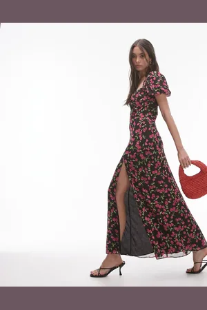 Topshop Gelegenheidsjurk met gerimpelde mouwen in rode bloemenprint