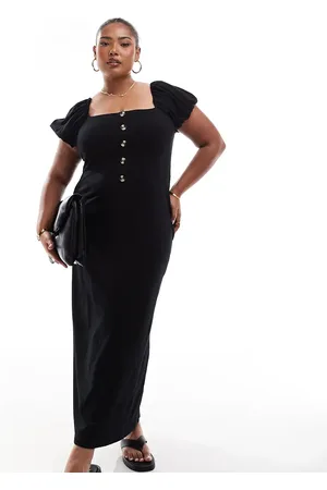 ASOS ASOS DESIGN Curve - Midi-jurk met vierkante hals, pofmouwen en knopen aan de voorkant in