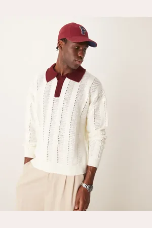 ASOS Oversized geribbelde rechte polotrui in ecru met kraag in bordeauxrood