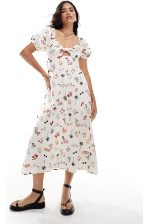 Miss Selfridge Maxi-jurk van linnenmix met gestrikte voorkant, knoopsluiting en ansichtkaartenprint