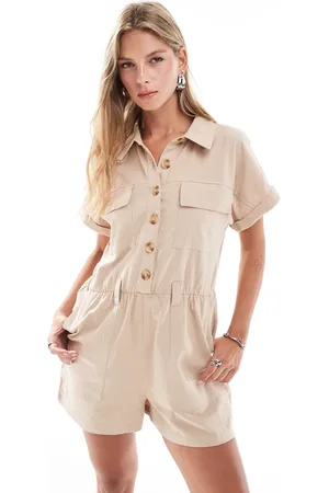 Brave Soul Utility-stijl playsuit met linnenlook en gestrikte taille in stone