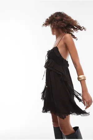 MANGO Mini jurk met bandjes en ruches in bruin