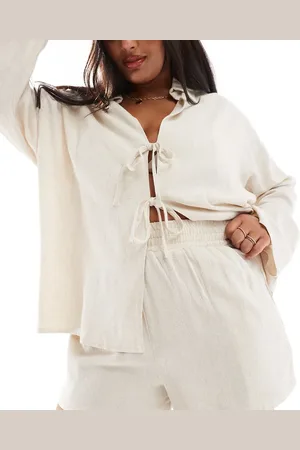 4th & Reckless Exclusive - Short van linnenmix en gerimpelde taille in beige