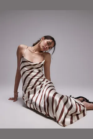 Topshop Gestreepte midi-slipdress met gedrapeerde hals in bruin en ivoor