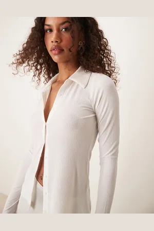Abercrombie & Fitch Doorschijnende geribbelde polo met knopen en lange mouwen in gebroken