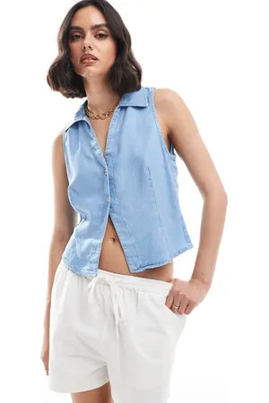 MANGO Lichtgewicht denim gilet in lichtblauw, deel van co-ord set