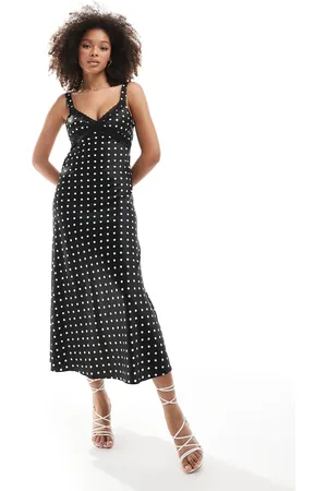 Miss Selfridge Maxi slipdress van mix van satijn en kant in stippenprint