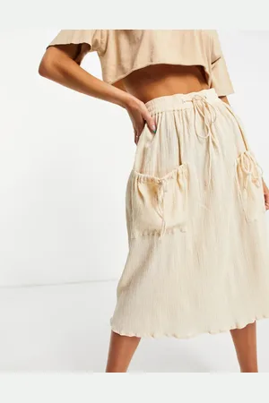 ASOS Midirok van natuurlijke kreukelstof met taille met trekkoord in crème