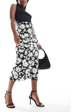 New Look Satijnen midi rok in zwarte bloemenprint