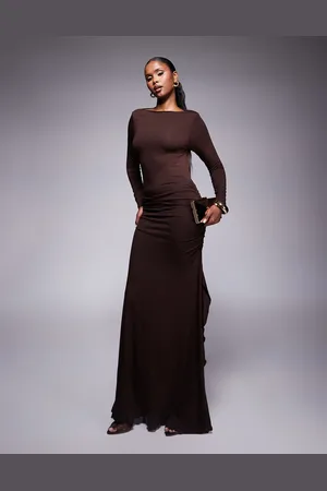 ASOS Maxi-jurk met lange mouwen, ruches en A-lijn in chocoladebruin