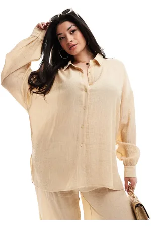 In The Style Overhemd van kreukelstof met lange mouwen in camel, deel van co-ord set