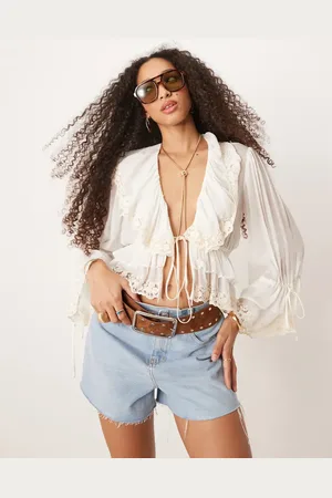 MANGO Blouse in bohostijl met gestrikte voorkant en kant in