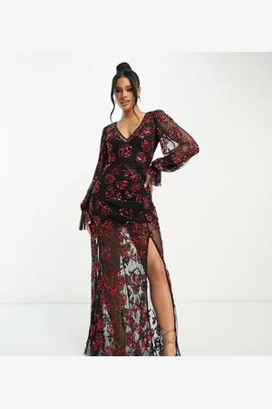 Lace & Beads Exclusives - Maxi-jurk met lange mouwen en verschillende rode applicaties