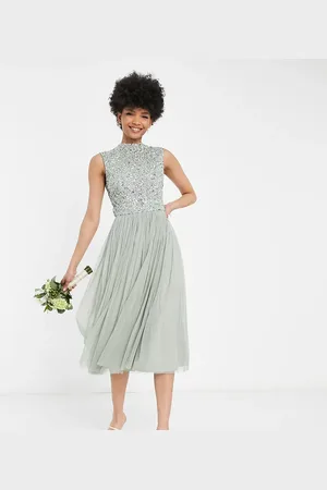 Beauut Tall - Bruidsmeisjes - 2-in-1 midi jurk met versiering en tule rok in saliegroen