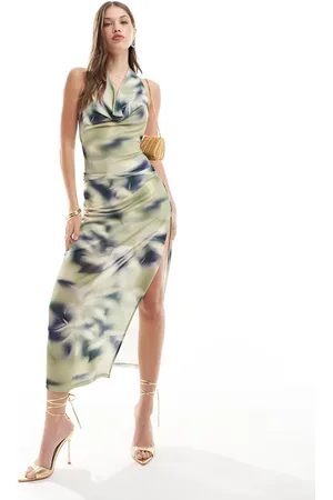 Pull&Bear Maxi jurk met gedrapeerde halslijn en lage rug in vervaagde blauwe print