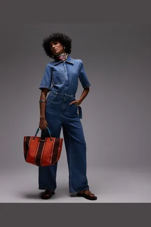 MANGO Oversized denim jumpsuit met korte mouwen en riem in lichtblauw