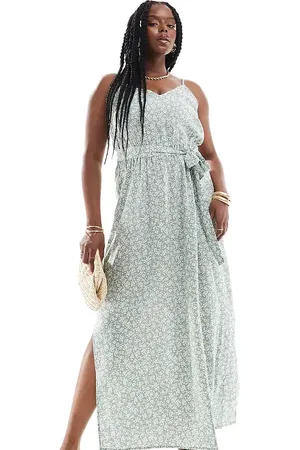 VERO MODA Maxi jurk met V-hals, gestrikte taille en bloemenprint in saliegroen