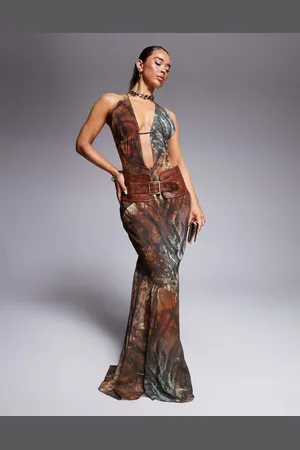 Murci Exclusive - Maxi halterjurk met diepe hals, slangenprint en riem met leerlook