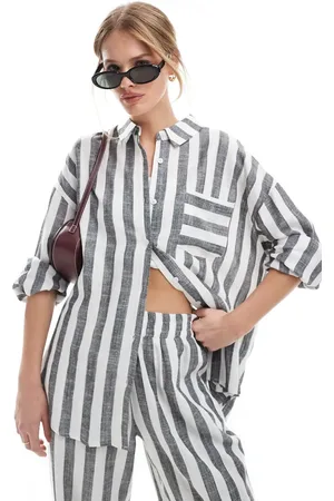 4th & Reckless Oversized gestreept strandoverhemd van linnenmix in grijs en wit, deel van co-ord set