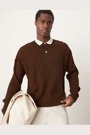 ASOS Oversized gebreide rechte polo met lange mouwen in met contrasterende kraag