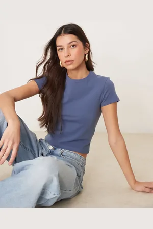 Abercrombie & Fitch Naadloos cropped baby T-shirt met korte mouwen in marineblauw gestreept